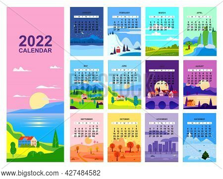 2022 Calendar Landscape Natural Backgrounds Of Four Seasons. Winter Wonderland, Fresh On Spring, Hot