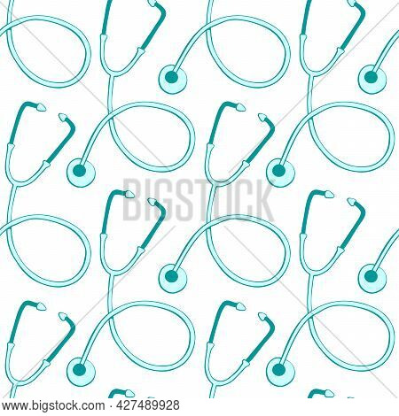 Vector Seamless Pattern With Outline Stethoscopes In Doodle Style. Medical Backgrounds And Textures.