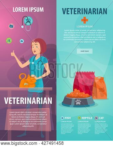 Vet Clinic Vertical Banners With Pet Doctor Stroking Cat And Animal Food Vector Illustration