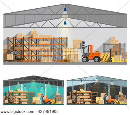 Warehouse And Storage Orthogonal Compositions Set With Roof And Lamps Flat Isolated Vector Illustrat