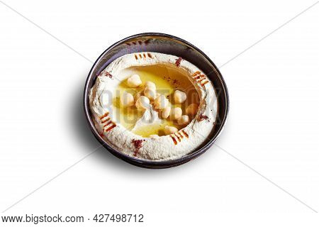 Black Bowl With Hoummous Apetizer Isolated On White