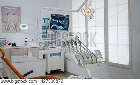 Interior Of Empty Modern Stomatology Orthodontic Hospital Bright Office Ready For Dental Surgery. Zo