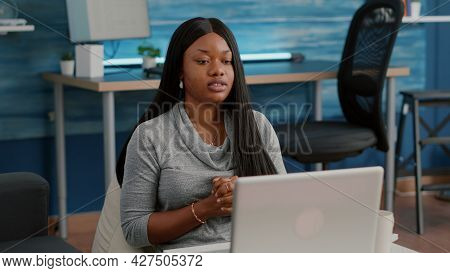 African American Student With Dark Skin Waving School Team Working From Home At Marketing Course Dur