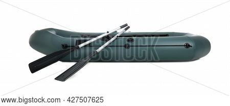 Inflatable Rubber Fishing Boat With Aluminium Oars Isolated On White