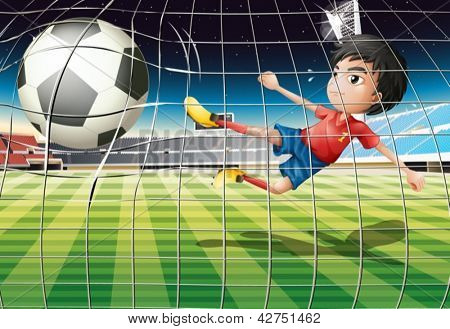 Ilustração de um menino chutando a bola no campo de futebol