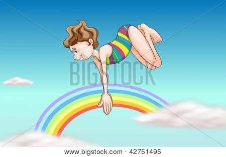 Illustration af en pige, dykning op himlen