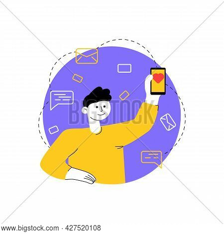 Young Man With Phone In His Hand Shows Heart-shaped Like. Mobile Dating Application, Remote Communic