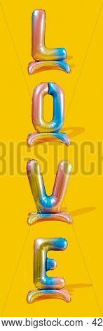 some multicolored letter-shaped balloons, arranged from top to bottom, forming the word love, on a yellow background, in a vertical format to use for mobile stories or as smartphone wallpaper