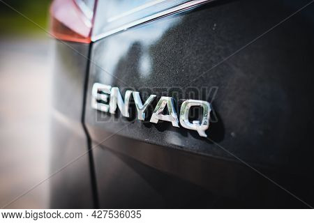 Madona, Latvia - July 20, 2021: New Skoda Enyaq Iv, A Suv Electric Car. Defocused