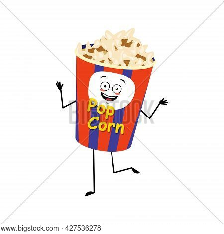 Cute Popcorn Character In A Holiday Box With Happy Emotions, Dancing, Joyful Face, Smile Eyes, Arms 