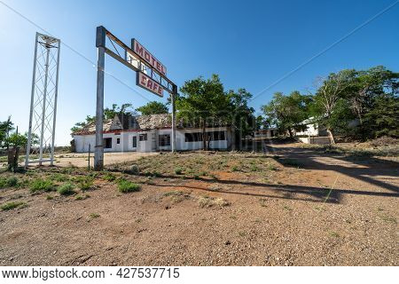 Glenrio, Texas - May 6, 2021: Abandoned Sign For The Former First Last Motel In Texas In The Route 6