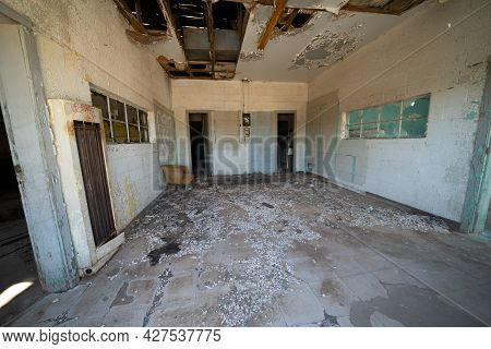 Glenrio, Texas - May 6, 2021: Inside An Abandoned And Decaying Restaurant Diner Along Route 66