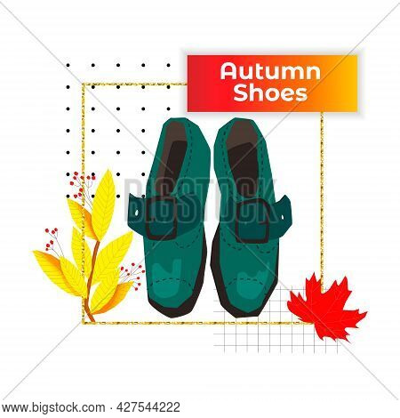 Vector Illustration With Autumn Shoes, Brogues With A Buckle, Top View. Concept Of Seasonal Shoes. B