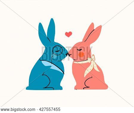 Two Cute Bunnies In Love. Beautiful Trendy Vector Illustration For Posts, Invitations. Romantic Coup