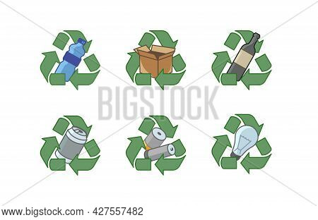 Colorful Isolated Illustrations Of The Recycling Of Various Materials On White Background. Waste Sor