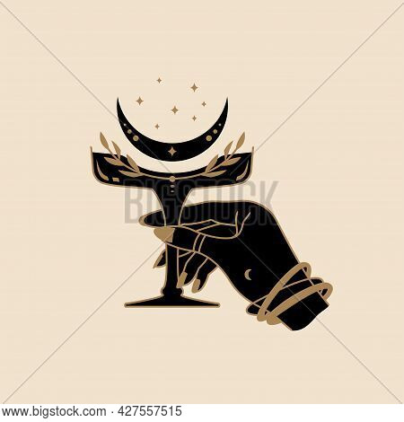 Modern Trendy Illustration Of A Woman's Hand With A Glass And Mystical Elements: Moon, Stars And Lea