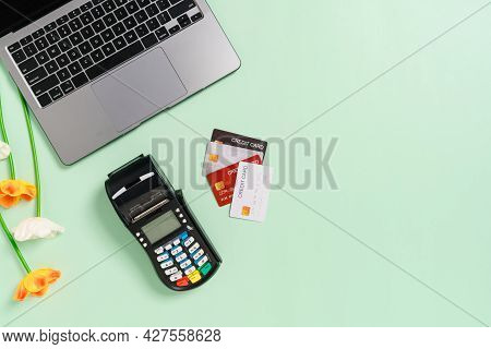 Minimal Work Space - Creative Flat Lay Photo Of Workspace Desk. Top View Office Desk With Laptop And