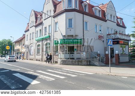 Bogatynia, Poland - June 2, 2021: Luzycki Cooperative Bank (polish: Luzycki Bank Spoldzielczy).