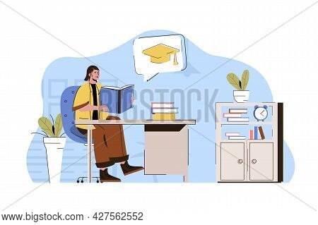 Higher Education Concept. Student Reads Textbook, Prepares For Final Exams Situation. Studying At Un