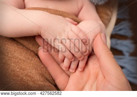 Newborn Baby Holding Mothers Finger, Close Up Photo Of Hands Of Newborn Baby And Woman.