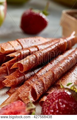 Fruit Marshmallow. Berry Pastille On Light Background. Pastille Fruit Rolls