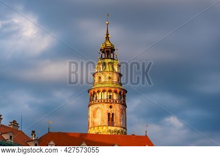 Colorful And Ornamental Tower Of Cesky Krumlov Castle. Cesky Krumlov, Czech Republic.