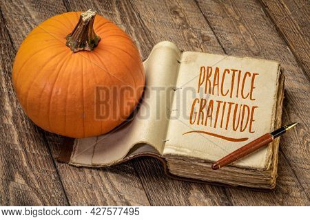 practice gratitude inspirational note - handwriting in a retro journal with a pumpkin against rustic wood, Thanksgiving theme
