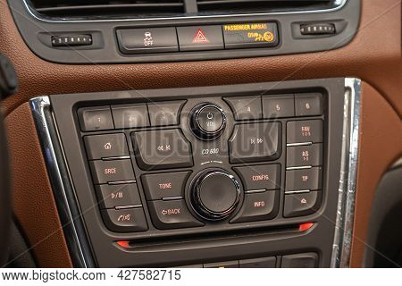 Novosibirsk, Russia - July 15, 2021:   Opel Mokka, A Close Up On A Black Panel With Radio,  Player A