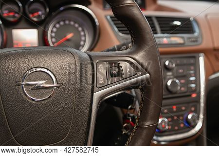 Novosibirsk, Russia - July 15, 2021:   Opel Mokka, Black Steering Wheel With Multifunction Buttons F