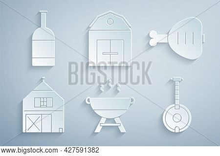Set Barbecue Grill, Chicken Leg, Farm House, Banjo, And Beer Bottle Icon. Vector