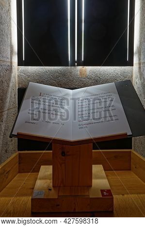 St-pierre De Chartreuse, France, June 6, 2021 :  Explicative Book In The Lights Of The Grande Chartr