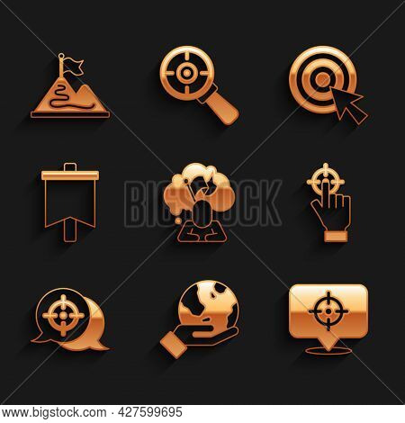 Set Man Holding Flag, Hand Earth Globe, Target, Flag, With Arrow And Mountains Icon. Vector