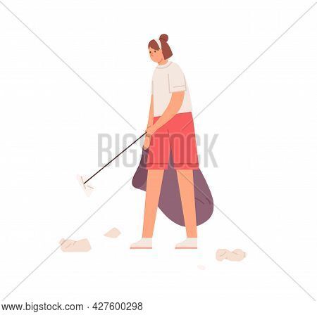Eco-volunteer Picking Up Plastic Litter By Stabbing It With Garbage Pickup Stick. Female Activist Wi