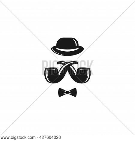 Bowler Hat, Bow Tie And Crossed Smoking Pipes. Vintage Gentleman Club Logo. Vector Illustration Isol