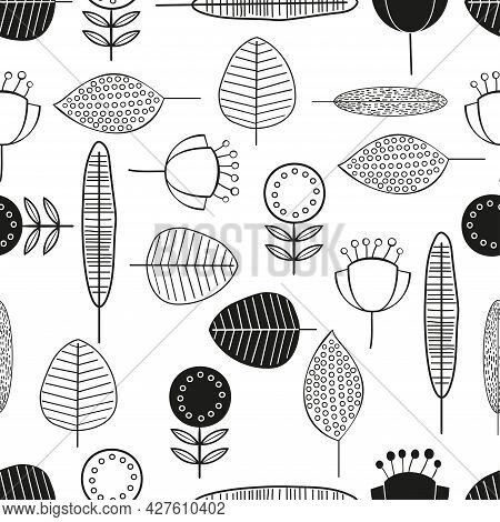 Doodle Floral Vector Pattern Set. Seamless Backgrounds With Hand Drawn Flowers, Leaves, Branches And