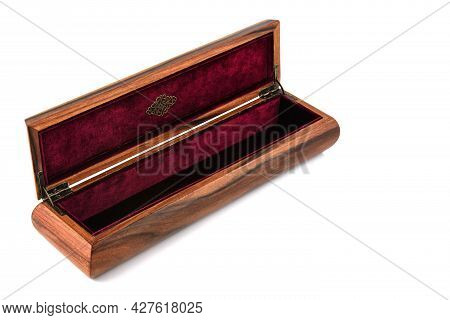 Empty Open Wooden Jewelry Box With Velvet Lining And Vintage Accessories And Clipping Pathon White B