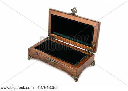 Empty Open Wooden Jewelry Box With Velvet Lining And Vintage Accessories And Clipping Pathon White B