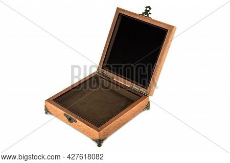 Empty Open Wooden Jewelry Box With Velvet Lining And Vintage Accessories And Clipping Pathon White B
