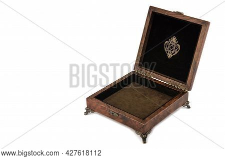 Empty Open Wooden Jewelry Box With Velvet Lining And Vintage Accessories And Clipping Pathon White B