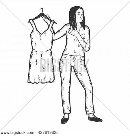Girl Holds Dress On Tremple. Waiting In Line At Fitting Room. Sketch Scratch Board Imitation Colorin
