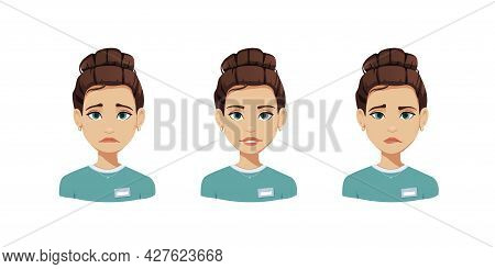 Young Girl's Emotions: Sadness, Joy And Embarrassment. Vector Employee Avatar With Different Emotion