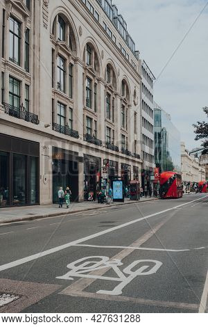 London, Uk - June 26, 2021: Buses In The Distance On Deserted Tottenham Court Road, London. Historic