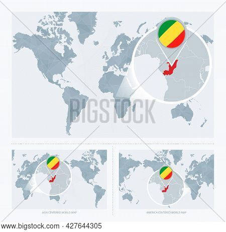 Magnified Congo Over Map Of The World, 3 Versions Of The World Map With Flag And Map Of Congo. Vecto