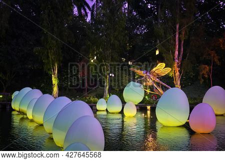Singapore - Feb 25, 2020. Dragonfly Statue Over Dragonfly Lake In Temporary Event Future Together, C