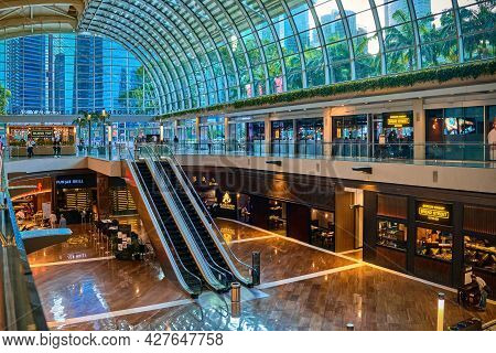 Singapore - Feb 25, 2020. Interior Of Entrance Area In Shoppes Mall And Marina Bay Sands Center. Lux