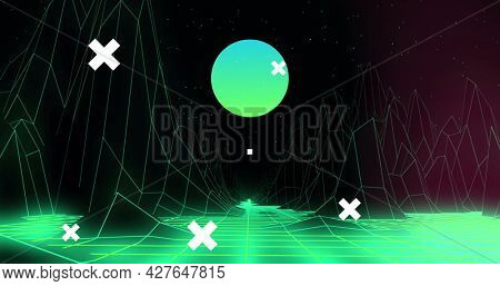 Image of white crosses over global network, digital head interface, and green moon and landscape. communication, medical technology, and digital interface concept, digitally generated image.