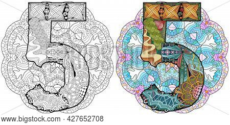 Hand-painted Art Design. Illustration Mandala With Numero Five. Colored And Outline Set