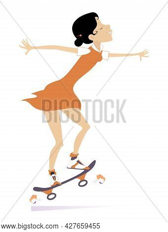 Smiling Woman A Skateboarder Isolated Illustration. 
Cartoon Young Woman Skatting. Active Life Style
