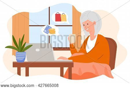 Shopping Online Concept. Elderly Woman Sitting At Home At Aptop And Ordering Goods From An Online St