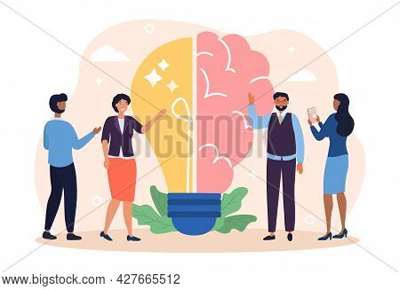 Creative Brain Concept. Brainstorming Process With Imagination And Genius Approach To Business. Half